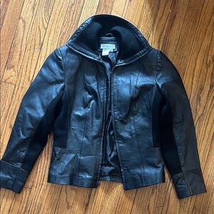 Coldwater Creek Black Leather Jacket with Knit Side Panels